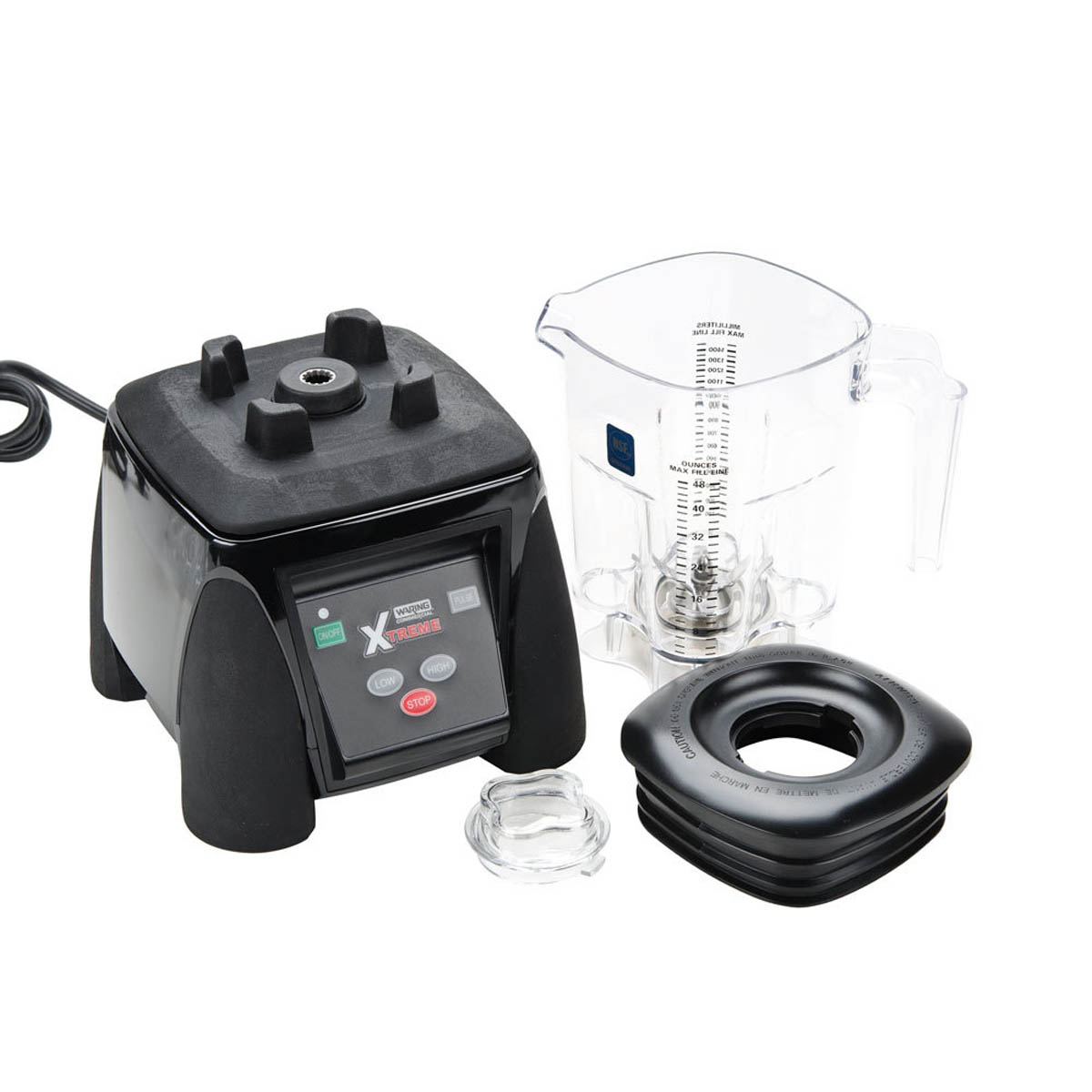Waring MX1050XTXP motor base, copolyester container, lid and jar pad shown apart