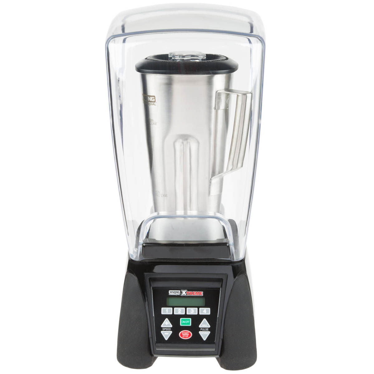 Waring MX1500XTS Xtreme blender with stainless steel container inside the sound enclosure, front view