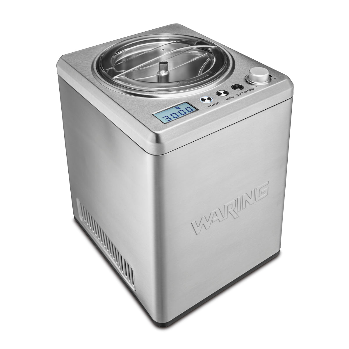 Waring WCIC25 2.5 qt. compressor ice cream maker, top-left view showing the LCD display and lid