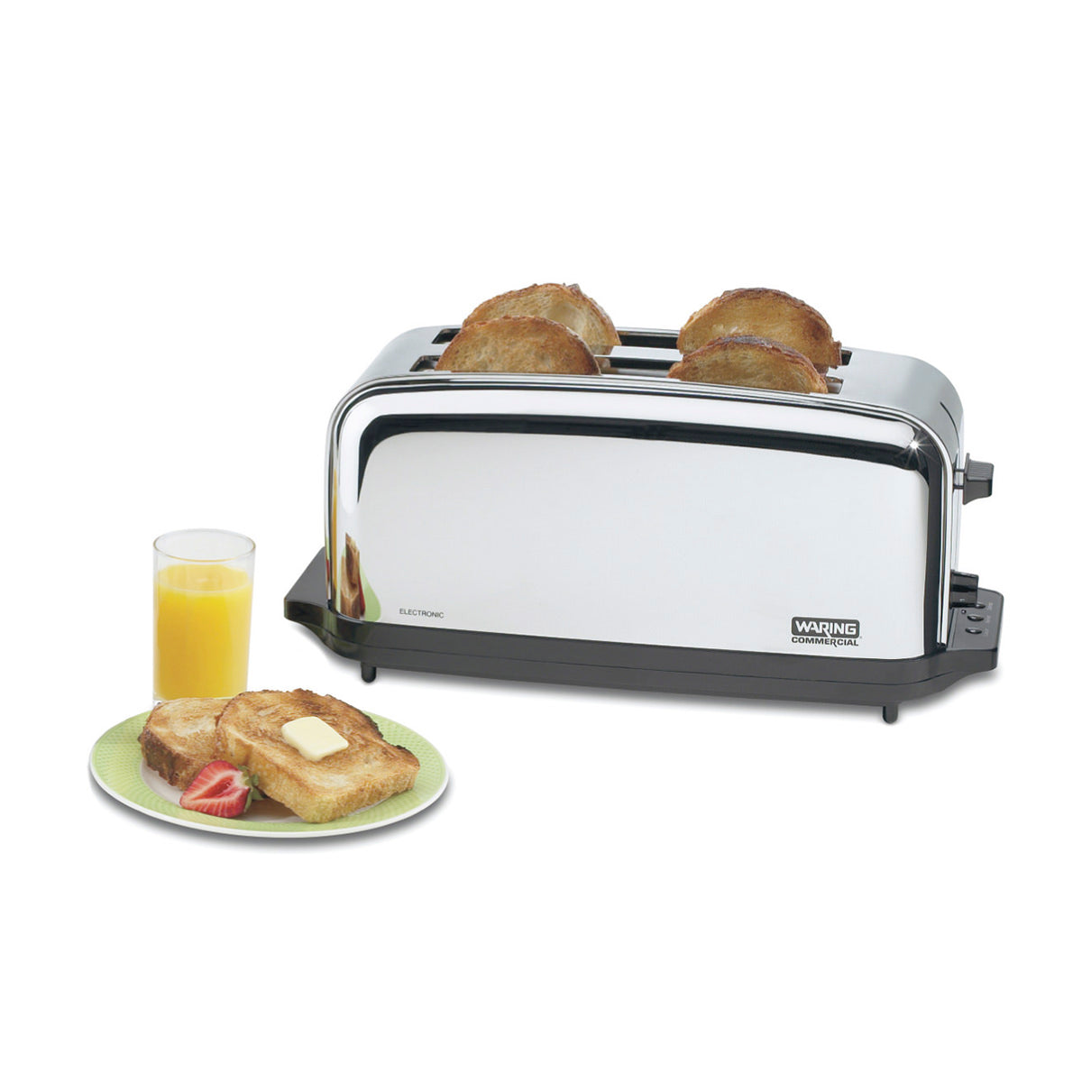 Waring WCT704 long-slot toaster with toast, juice and breakfast plate