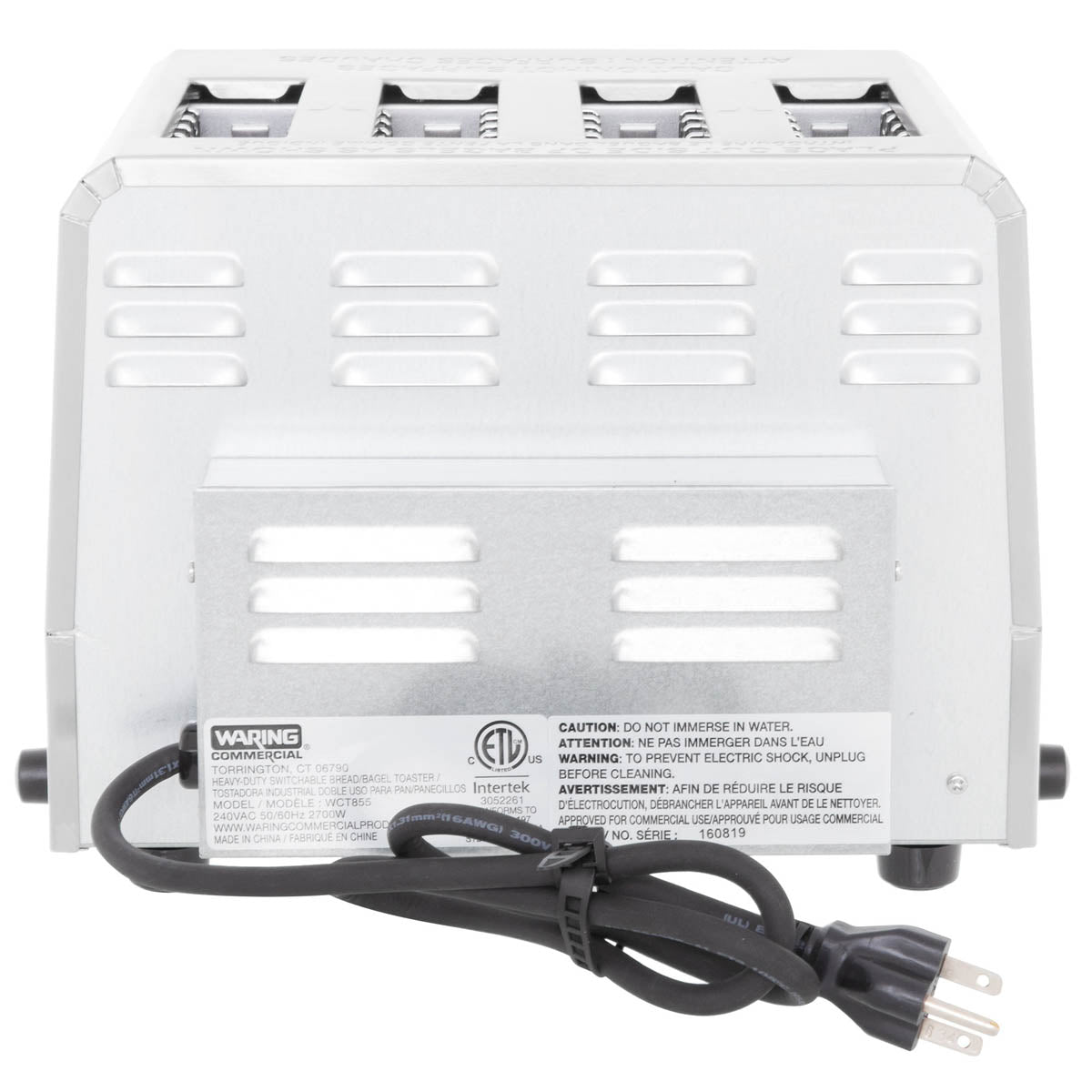 Waring WCT855 toaster, rear view with power cord