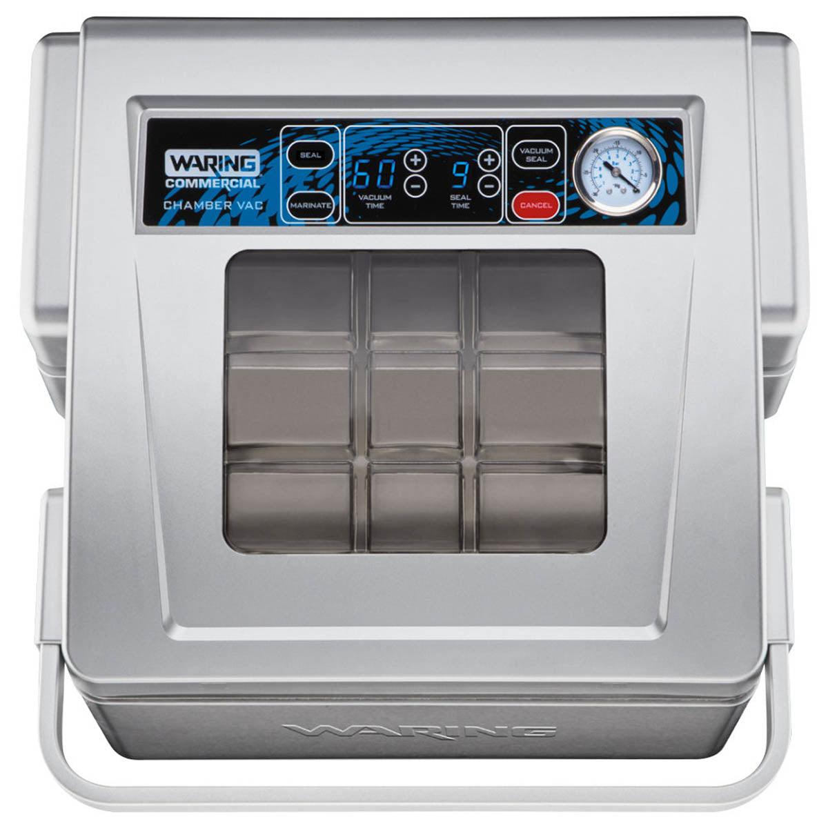 Waring WCV300 chamber vacuum sealer, top view of the see-through lid and controls
