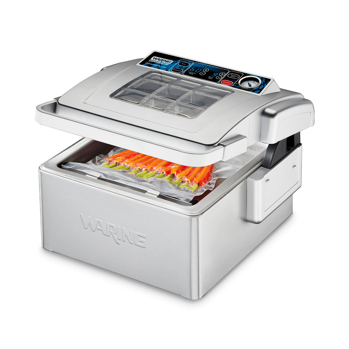 Waring WCV300 chamber vacuum sealer, sealing a pouch of vegetables in the chamber
