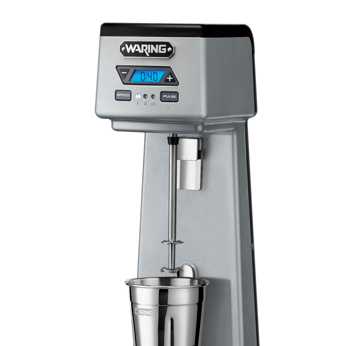 Waring WDM120TX spindle and agitator lowered into a malt cup, close-up