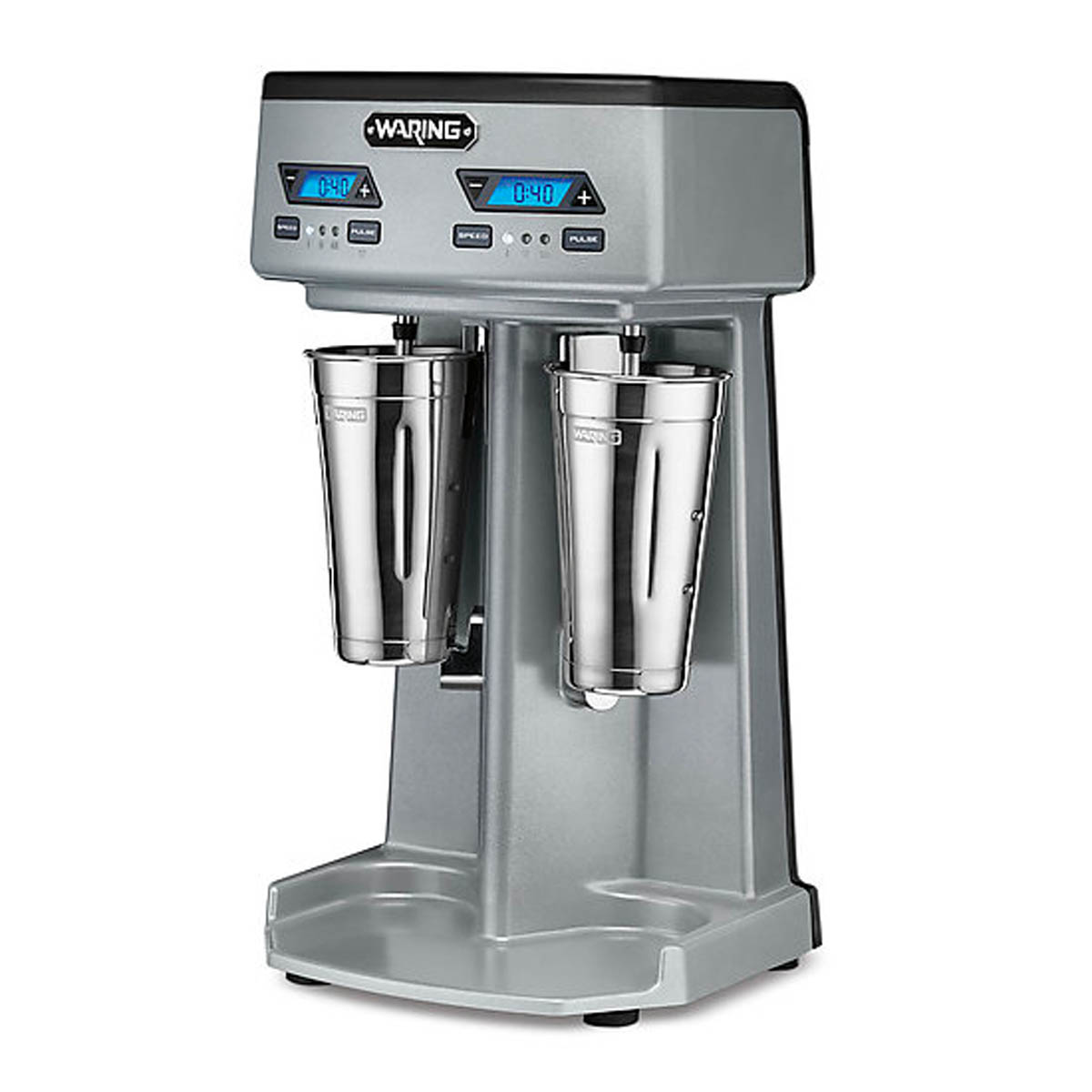 Waring WDM240TX double-spindle drink mixer with two malt cups, angled view