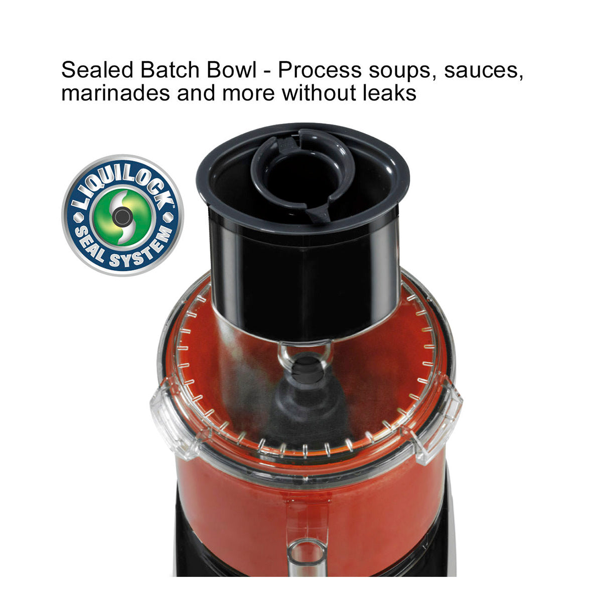 Waring WFP11S sealed batch bowl close-up with the LiquiLock Seal System logo