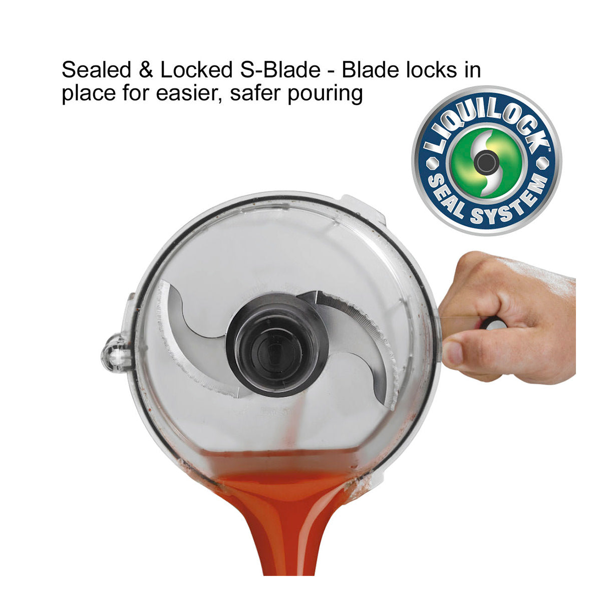 Waring WFP11S S-blade stays locked in the sealed bowl for pouring