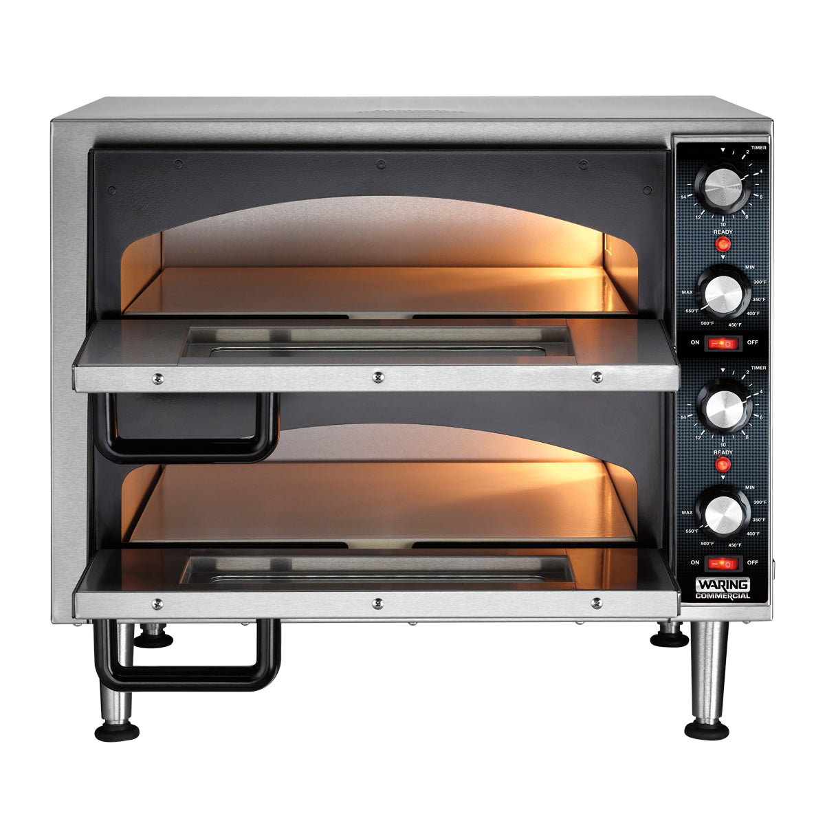 Waring WPO350 pizza oven with both doors open and lights on