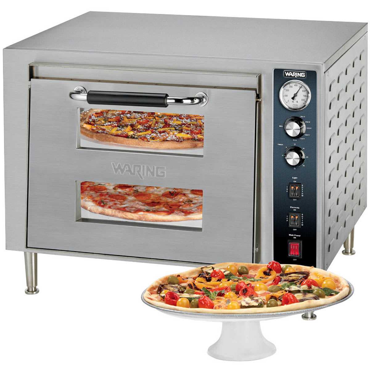 Waring WPO700 double-deck pizza oven with pizzas visible through the door windows