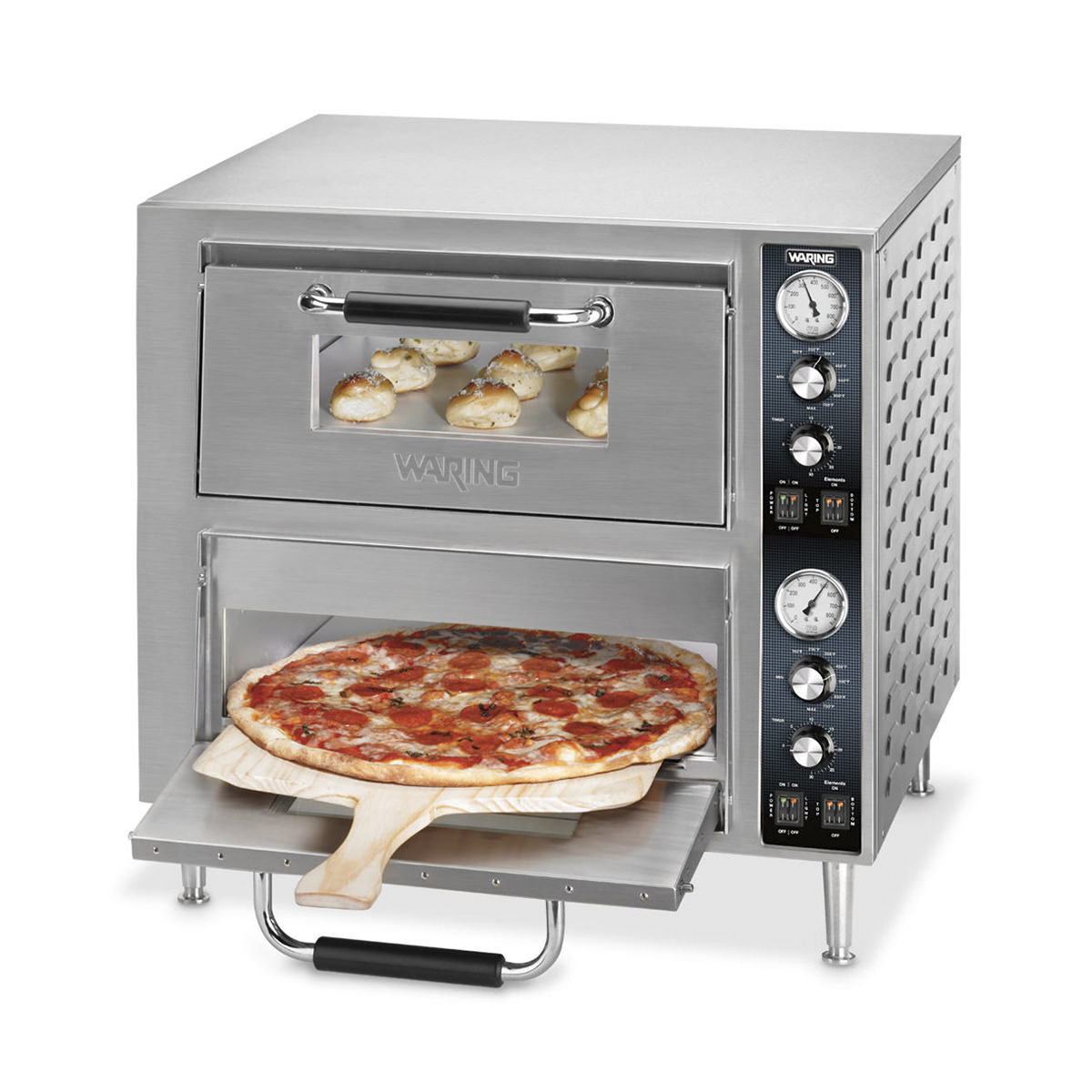 Waring WPO750 pizza oven baking rolls and a pizza