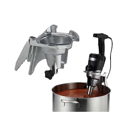 Waring WSBBC bowl clamp holding a Big Stix immersion blender on a stock pot, with the clamp shown separately
