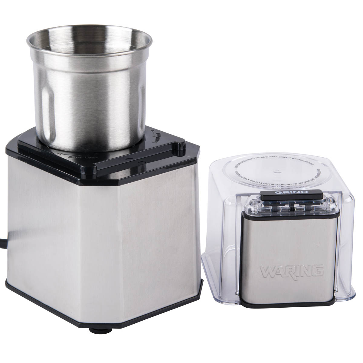 Waring WSG30 spice grinder with grinding bowl in place and clear cover beside it