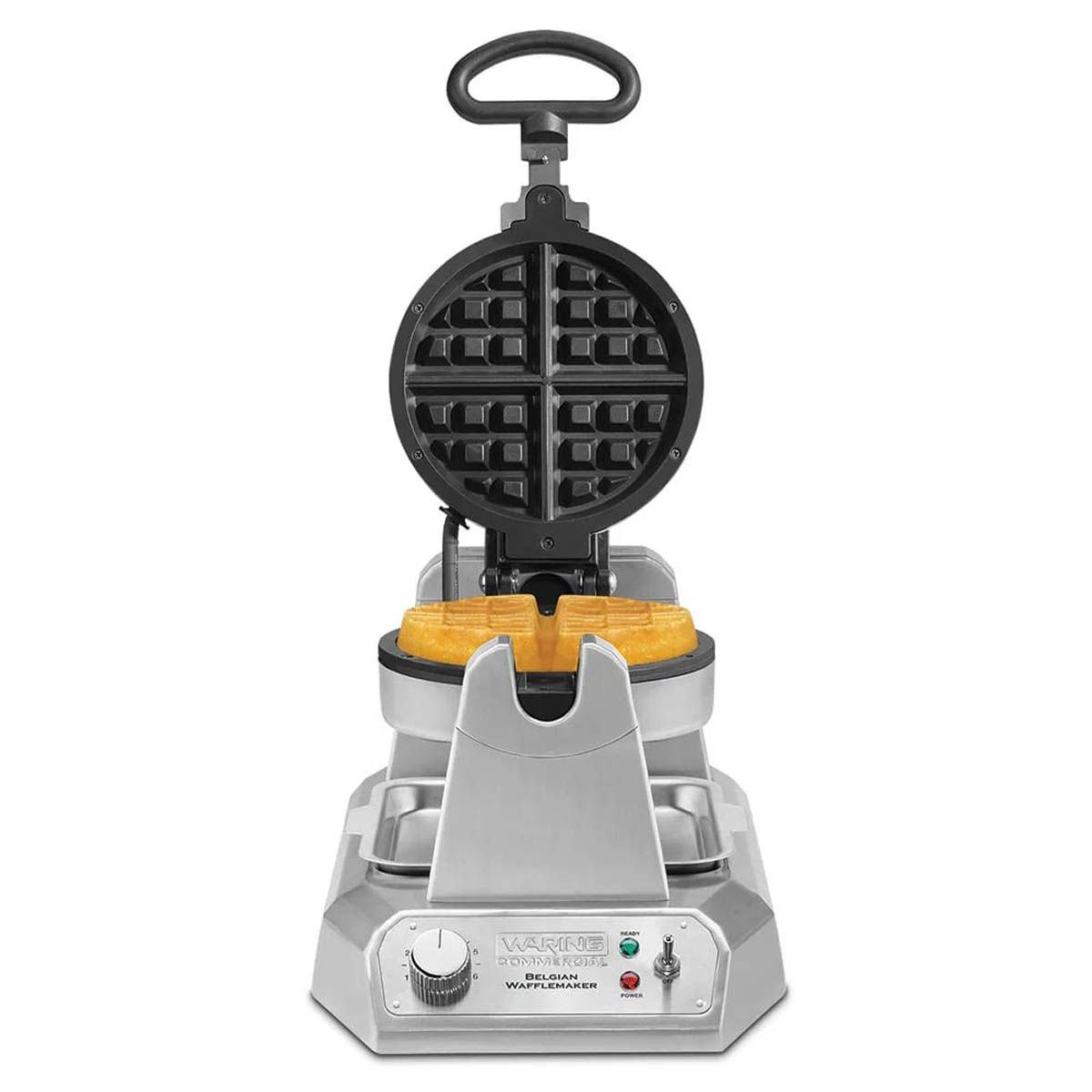 Waring WW180X single Belgian waffle maker, front view, lid open with baked waffle
