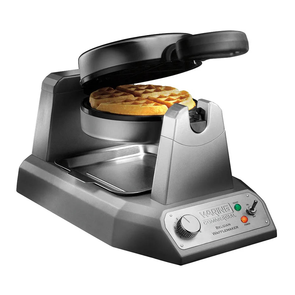 Waring single Belgian waffle maker, angled view, lid open with baked waffle, darker base