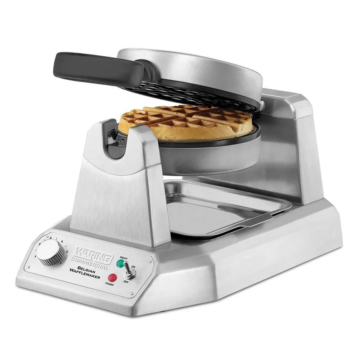 Waring WW180X single Belgian waffle maker, angled view, lid open with baked waffle