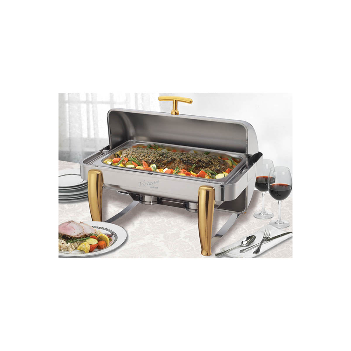 Winco 101A Virtuoso Series Full-Size Stackable Rectangular Chafer w/ 8 Qt., Roll-Top Cover | 8 qt = 2 gal