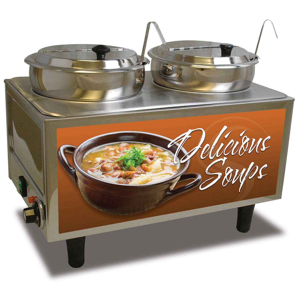 Winco 51072S 21" Countertop Electric Soup Station Warmer w/ (2) 7-Qt. Wells, Hinged Inset Lids | 7 quart