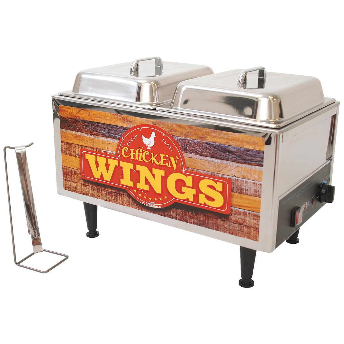 Winco 51072W 21" Countertop Electric Chicken Wing Warmer w/ (2) 1/2-Size Pan Wells, Domed Lids | pans, 1/2 size