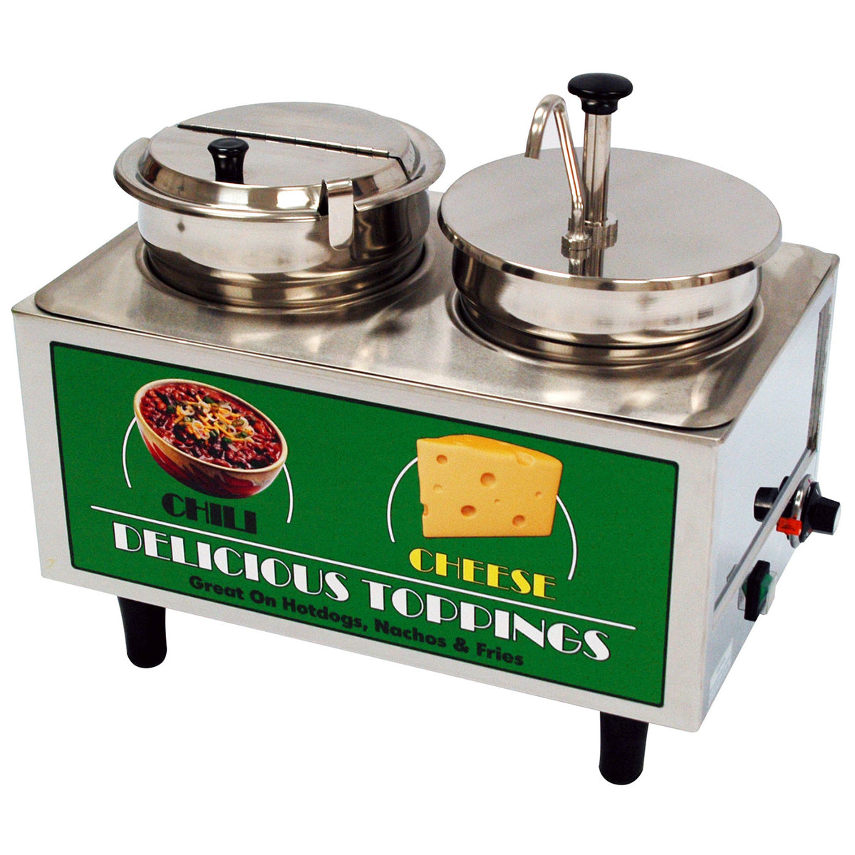 Winco 51073A Countertop Chili/Cheese Topping Warmer w/ (2) 7-Qt. Wells, 1 Pump, 1 Ladle/Lid | (2) round 7 qt