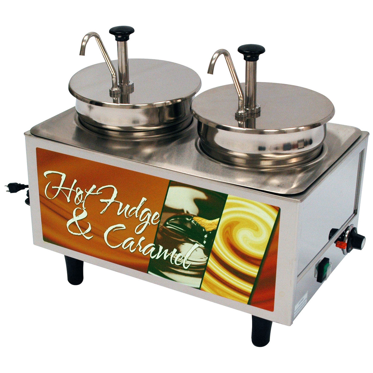 Winco 51074H Countertop Hot Fudge/Caramel Topping Warmer w/ (2) 7-Quart Wells, 2 Pumps | (2) round 7 qt