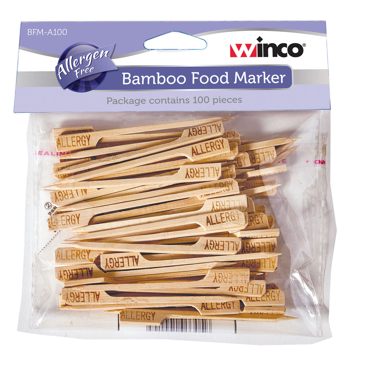 Winco BFM-A100 Bamboo Food Marker, 3.5" OA, 2-3" Size, Allergen-Free, Bamboo - 100/Pack