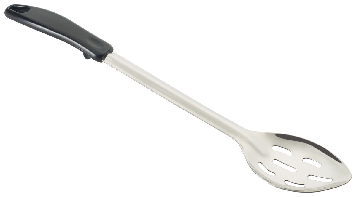 Winco BHSP-15 15" Slotted Basting Spoon with Stop Hook Black Polypropylene Handle | stainless steel