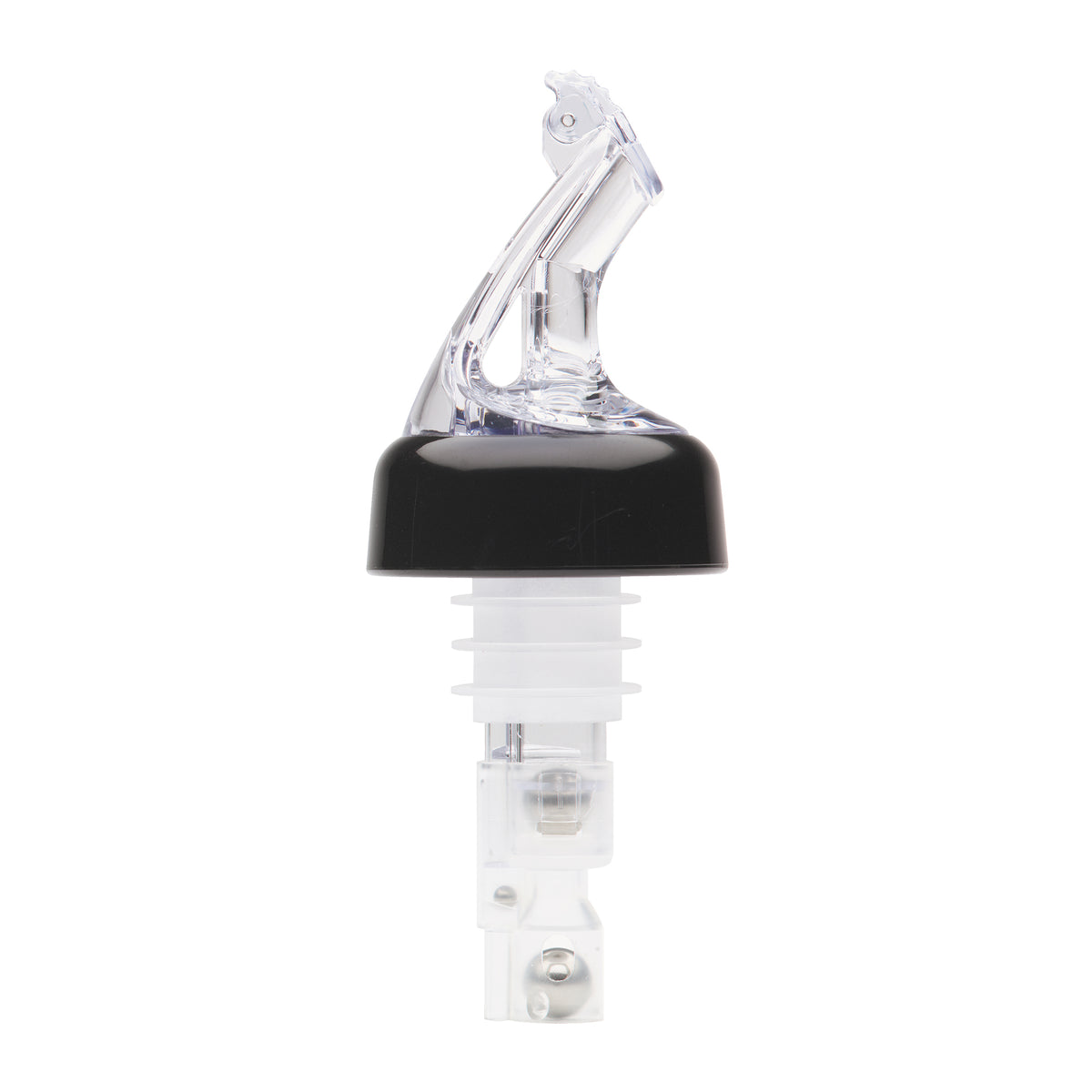 Winco BMP-5100C Bar Maid Clear 1 oz Liquor Pourer, Plastic, Black Collar, Flip-Top - 12/Pack