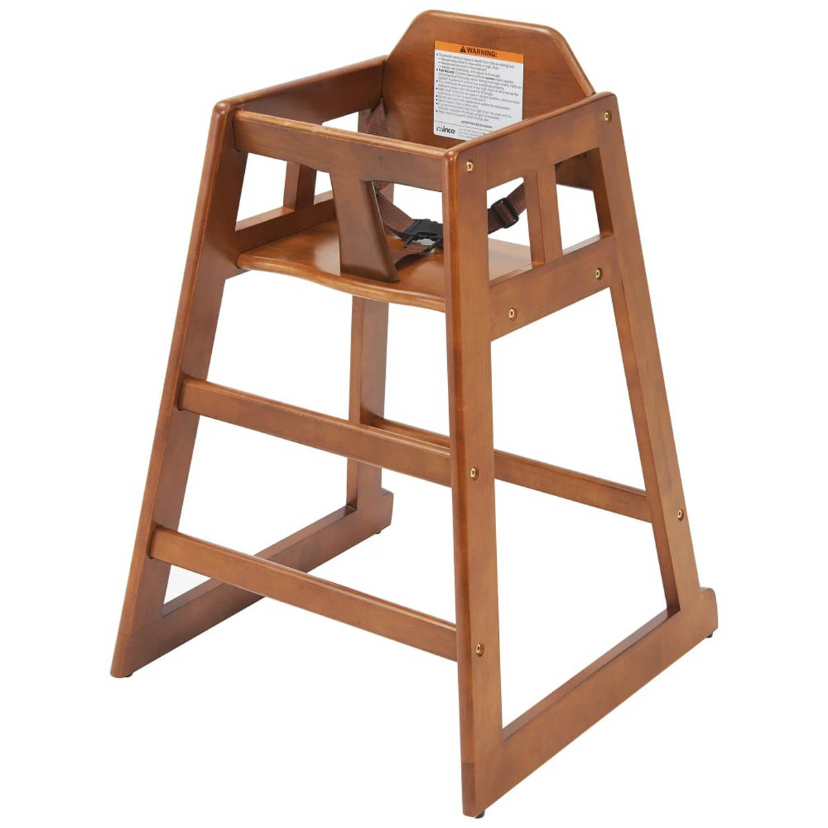 Winco CHH-104A Walnut Finish Rubberwood High Chair, 20"H Seat, Buckle Strap, Stackable