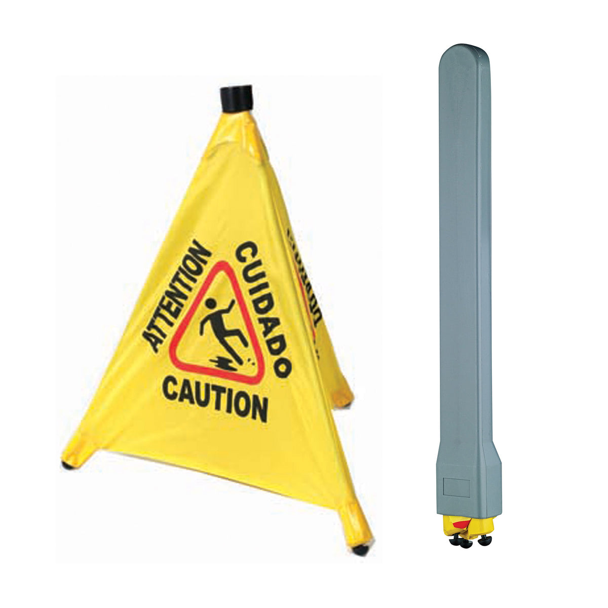 Winco CSF-SET 19 3/4" Yellow Pop-Up Caution Cone, Plastic, Wall-Mount Storage Tube - Set