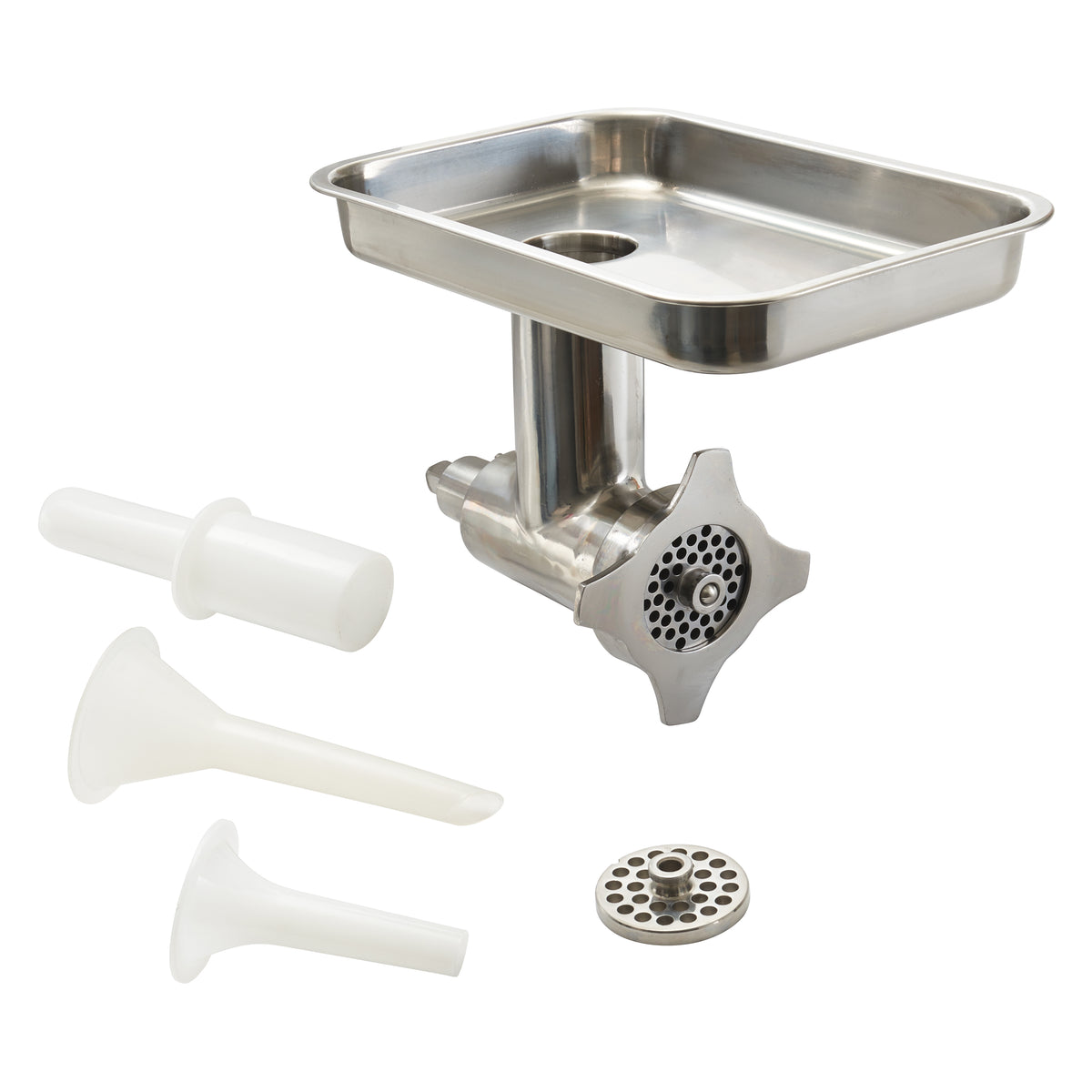 Winco EMP-MG12 Meat Grinder Attachment - #12 Hub, Feed Pan, Meat Stomper, Sausage Stuffer, 2 Grinder Plates | 17.12" Wide