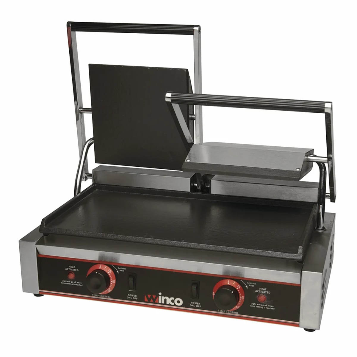 Winco ESG-2 Double Cast Iron Sandwich Press Grill w/ 19" x 9" Smooth Plates, 120V