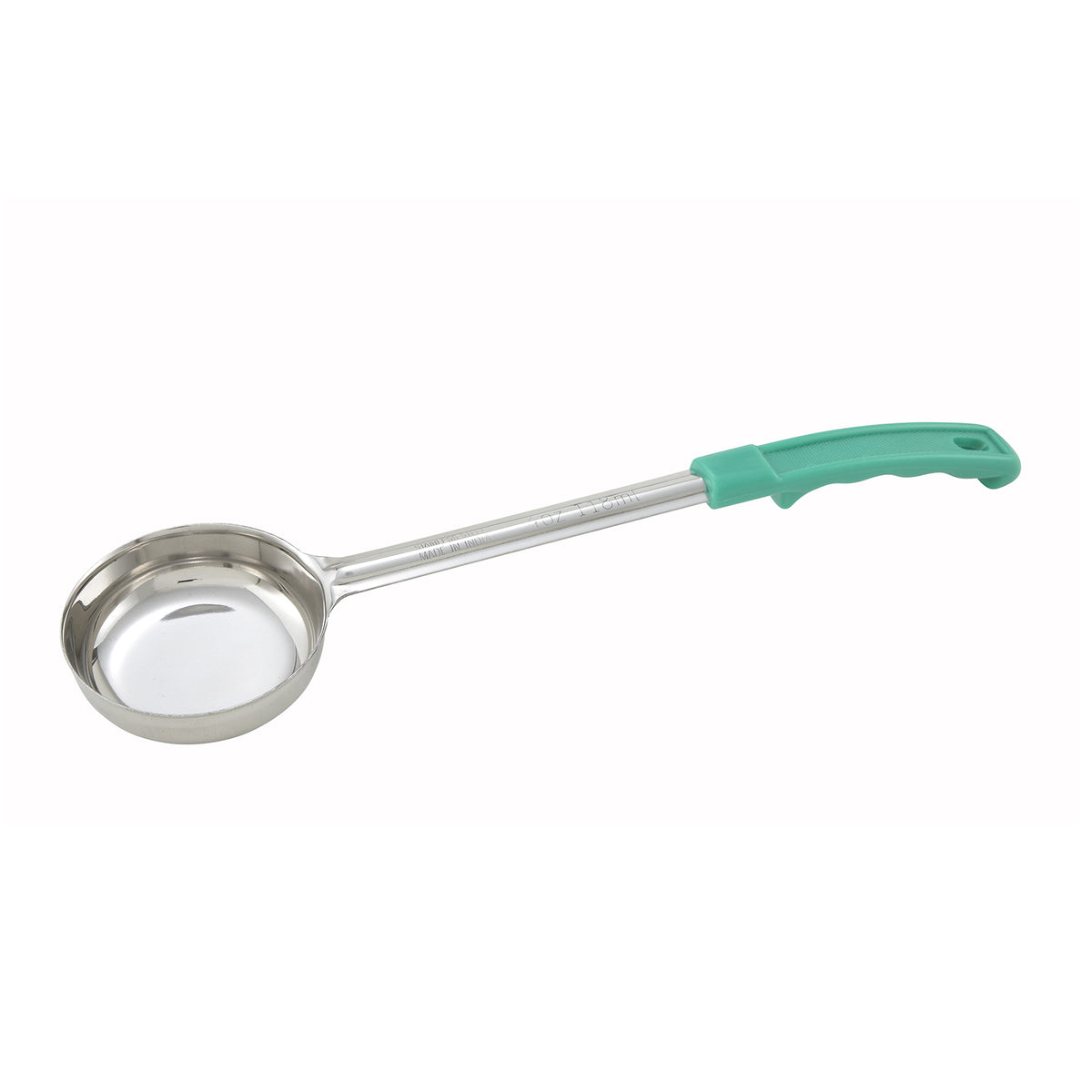 Winco FPS-4 4 oz. One-Piece Solid Food Portioner, Green Handle | stainless steel with plastic handle