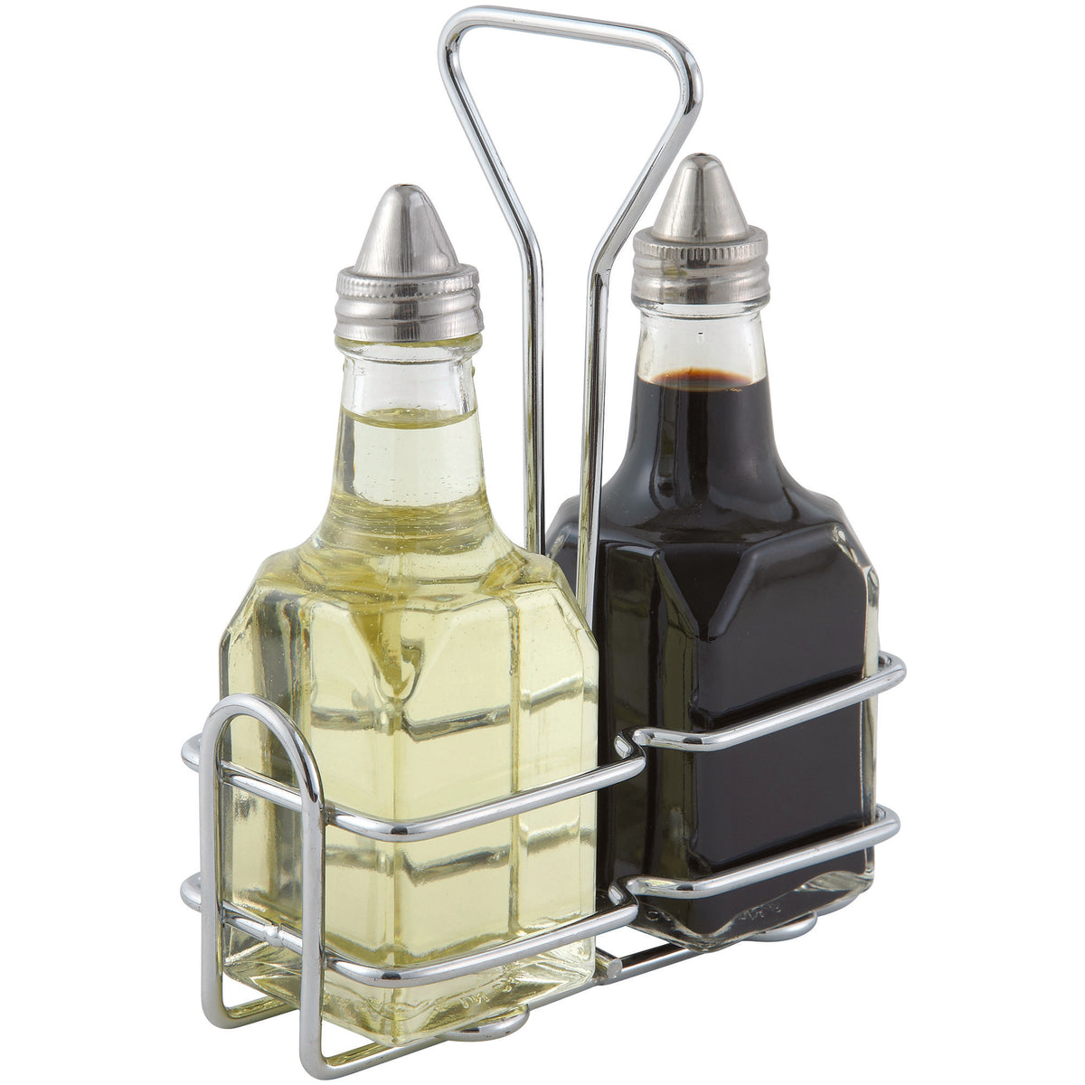 Winco G-104S Oil & Vinegar Cruet Set, 2 x 6 oz Glass Cruets with Lids, Chrome-Plated Rack