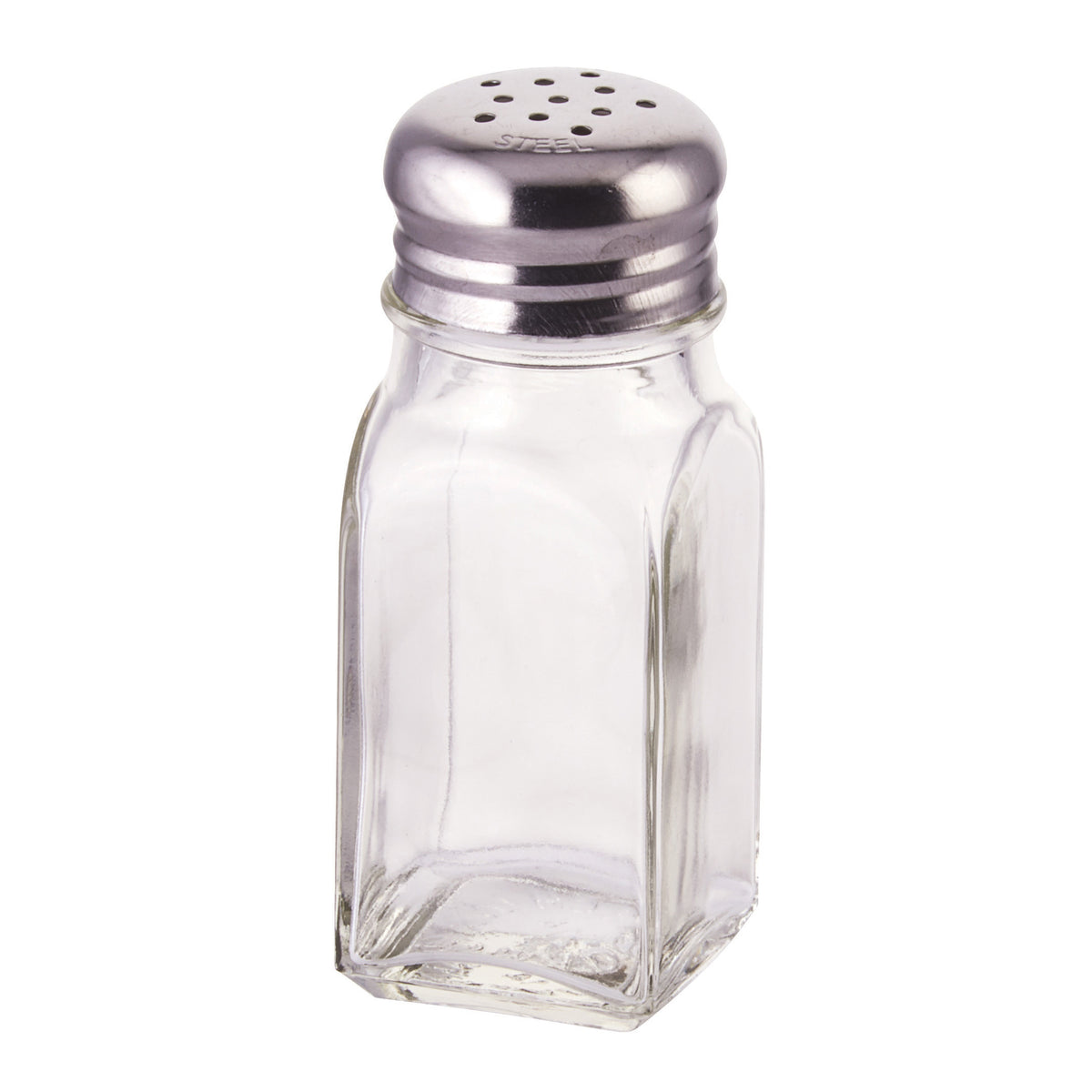Winco G-109 2 oz. Square Glass Shaker, Single, Stainless Steel Mushroom Top, 18/0 Finish - 1 Dozen