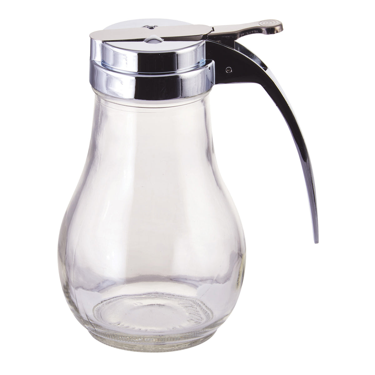 Winco G-116 Syrup Dispenser, 14 oz Glass Jar, Chrome-Plated Metal Thumb-Operated Top - 1 Dozen | 0" Wide