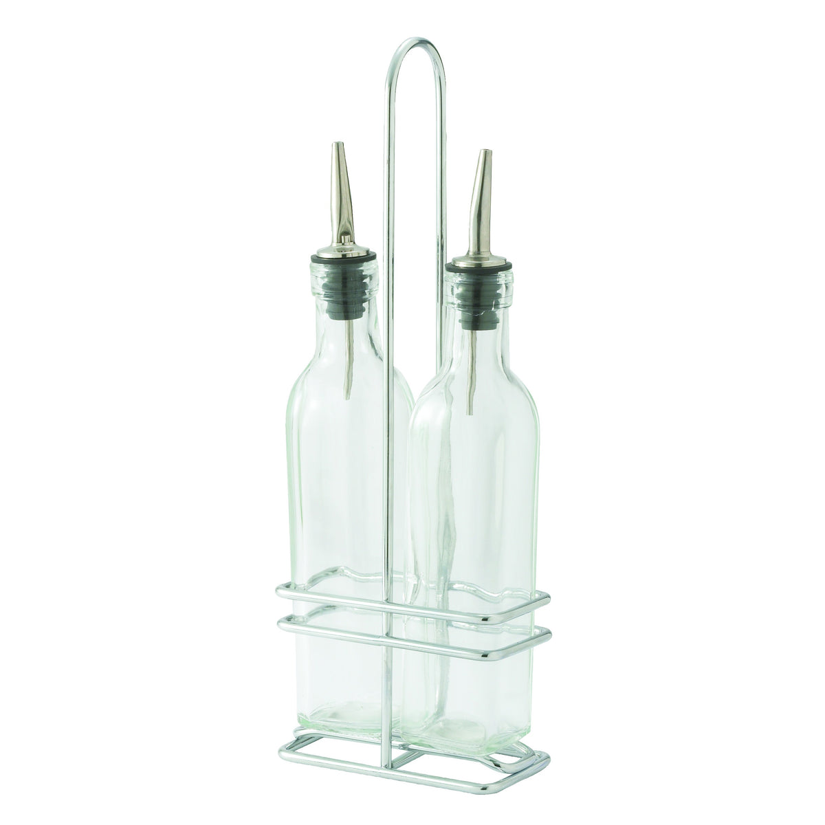 Winco GOB-8S Oil & Vinegar Cruet Set, 2 x 8 oz Glass Bottles with Lids, Chrome-Plated Rack | 0" Wide