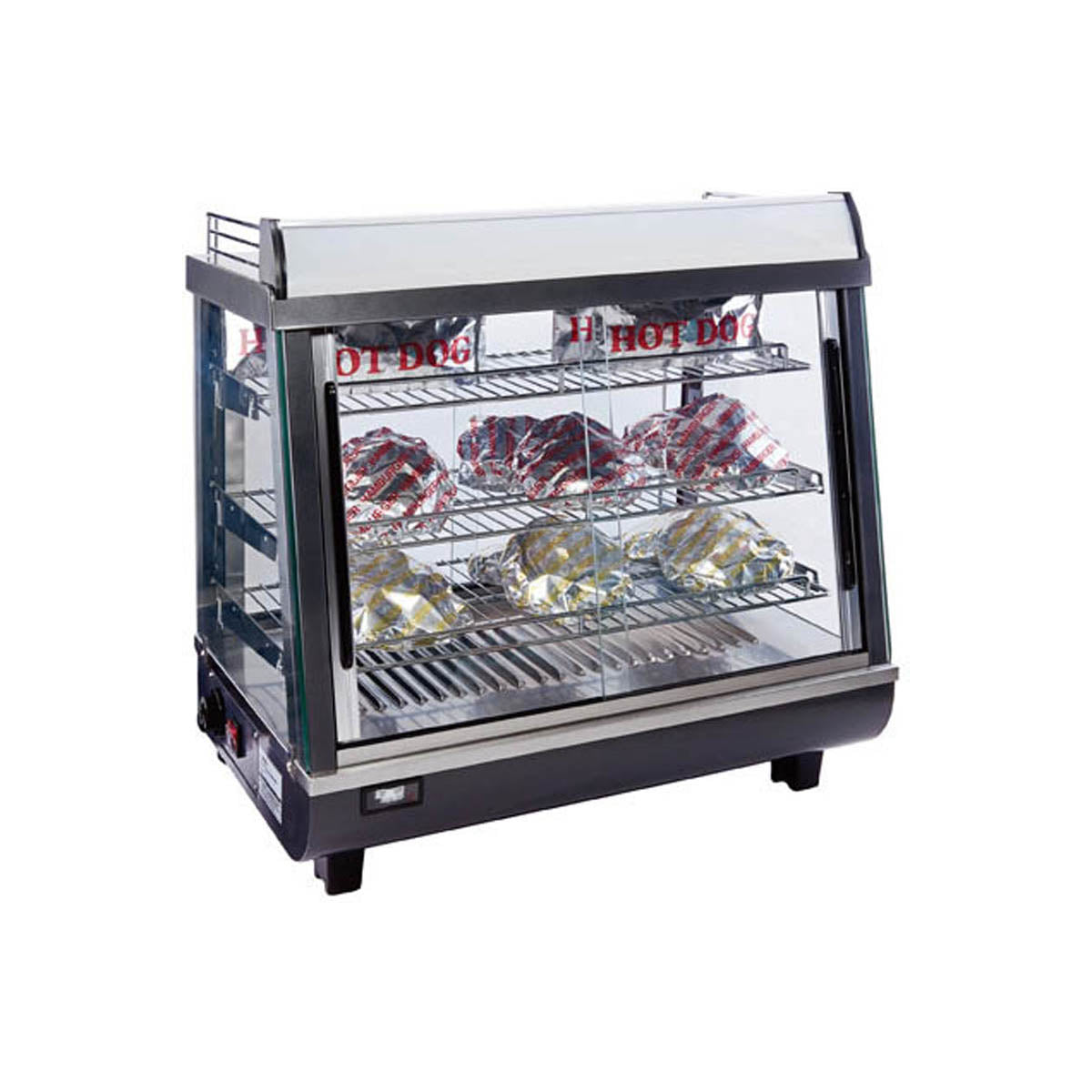 Winco HDM-26 Countertop Hot Food Display, 26-1/2" width, 3 shelves, water pan, 4 doors 120V 1000W - Set