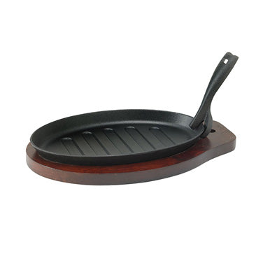 Winco ISP-3 3pc Oval Steak Platter Set, Cast Iron 10.6" x 6.6" 5.25" Handle, Liner 12.75" x 8"