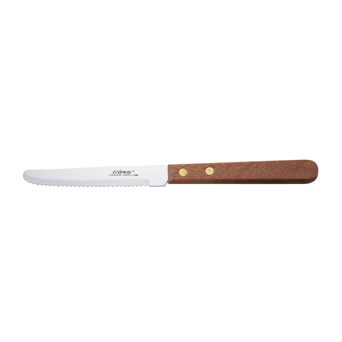 Winco K-55W 8.5" Steak Knife, 4.5" Stainless Blade Rounded Tip, Wooden Handle, Stamped - 1 Dozen
