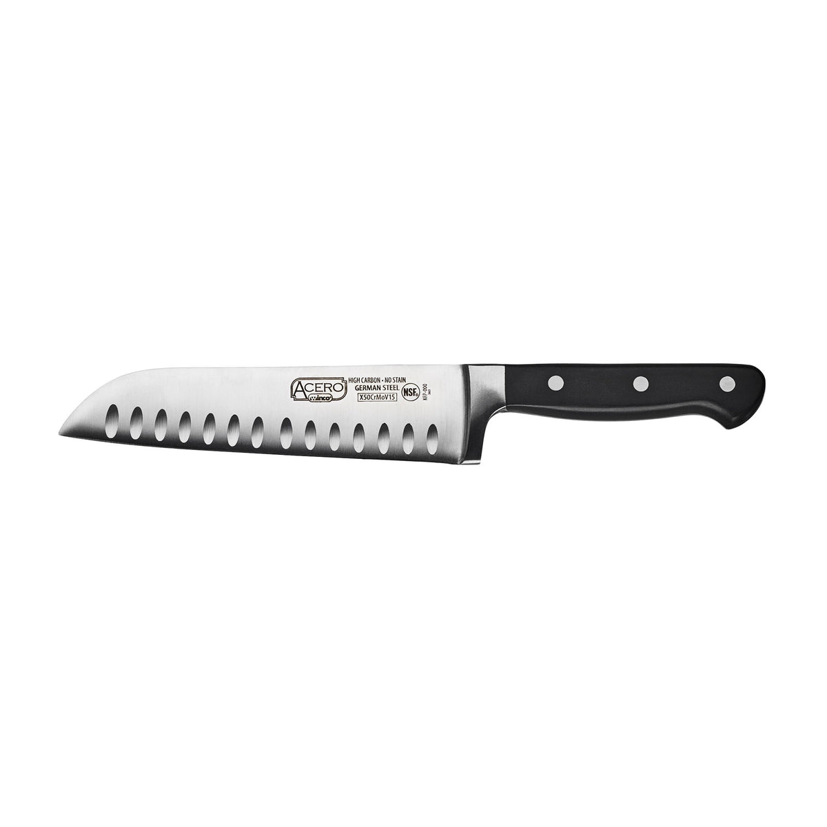 Winco KFP-70 Acero Santoku Knife w/ High Carbon German Steel Blade & Black POM Handle | 12" Wide
