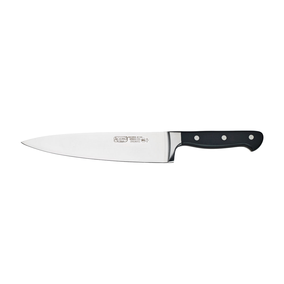 Winco KFP-80 Acero 8" Steel Chef's Knife, 1 Piece Full Tang, Forged Carbon Steel