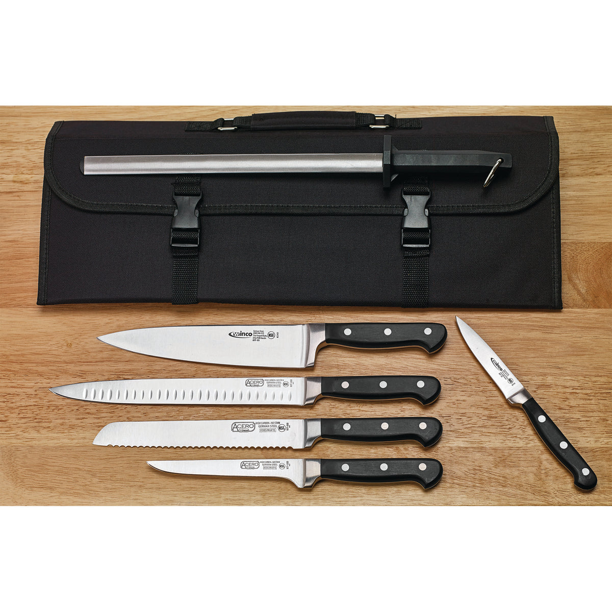 Winco KFP-KITA 8pcs Acero Set 3.5" Par 6" Boning 8" Chef&Bread 10" Slicer 12" Steel Shears Bag