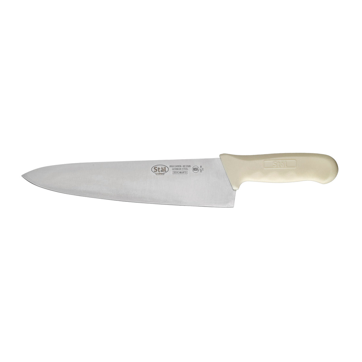 Winco KWP-100 10" Wide Chef's Knife w/ White Polypropylene Handle | aluminum housing