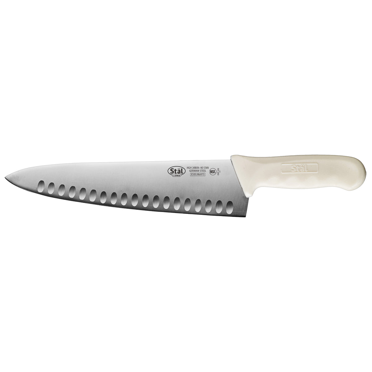 Winco KWP-101 Stäl 10" Hollow Ground Chef's Knife with White Handle | aluminum housing