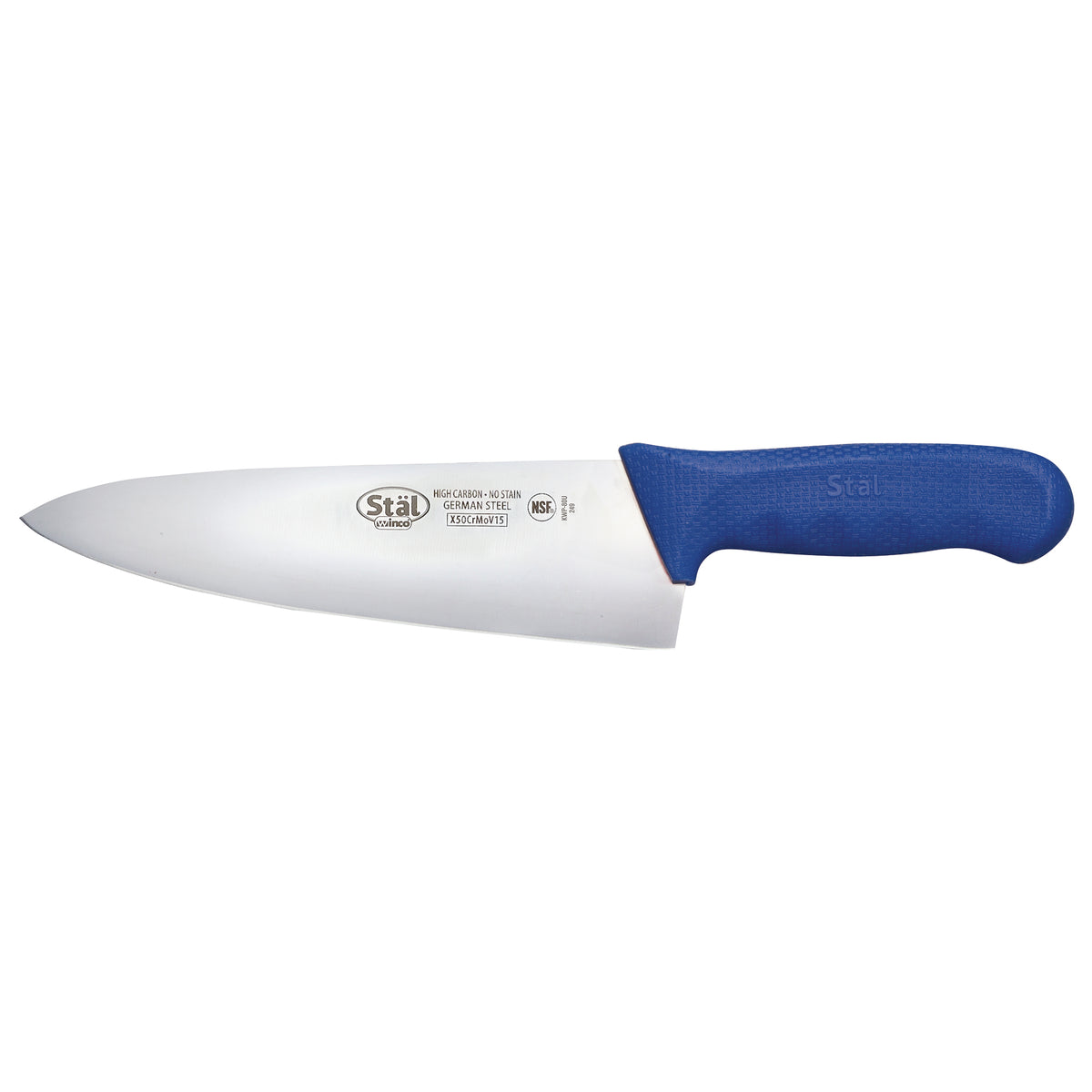 Winco KWP-80U Stäl 8" German Steel Chef's Knife with Blue Handle | aluminum housing