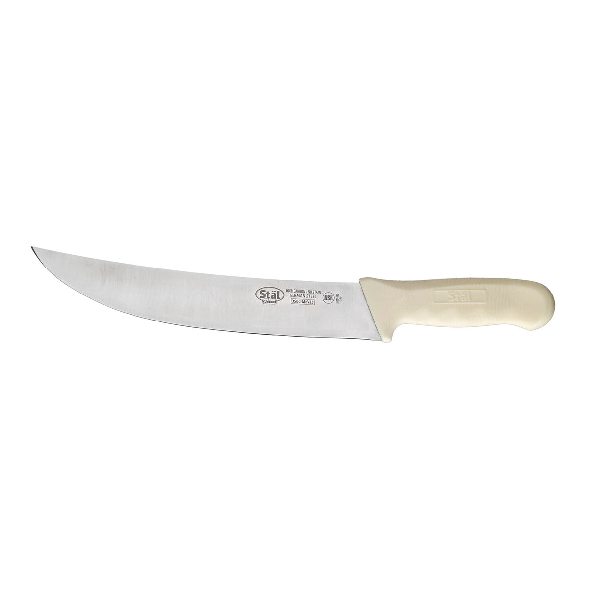 Winco KWP-90 Stäl 9-1/2" Steel Cimeter Steak Knife w/ White Polypropylene Handle | aluminum housing