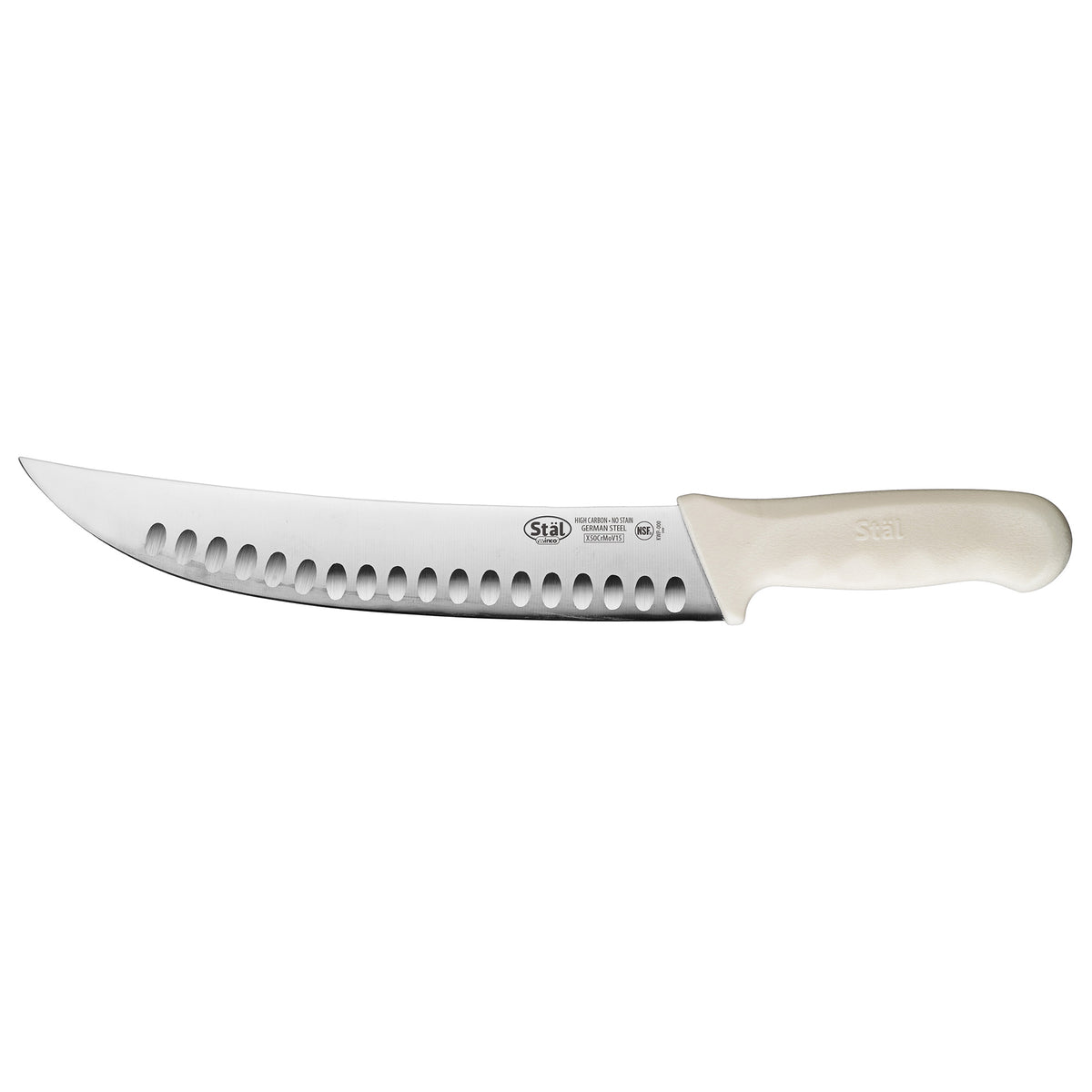 Winco KWP-93 Stäl 9-1/2" Hollow Ground Cimeter Knife w/ White Polypropylene Handle | aluminum housing