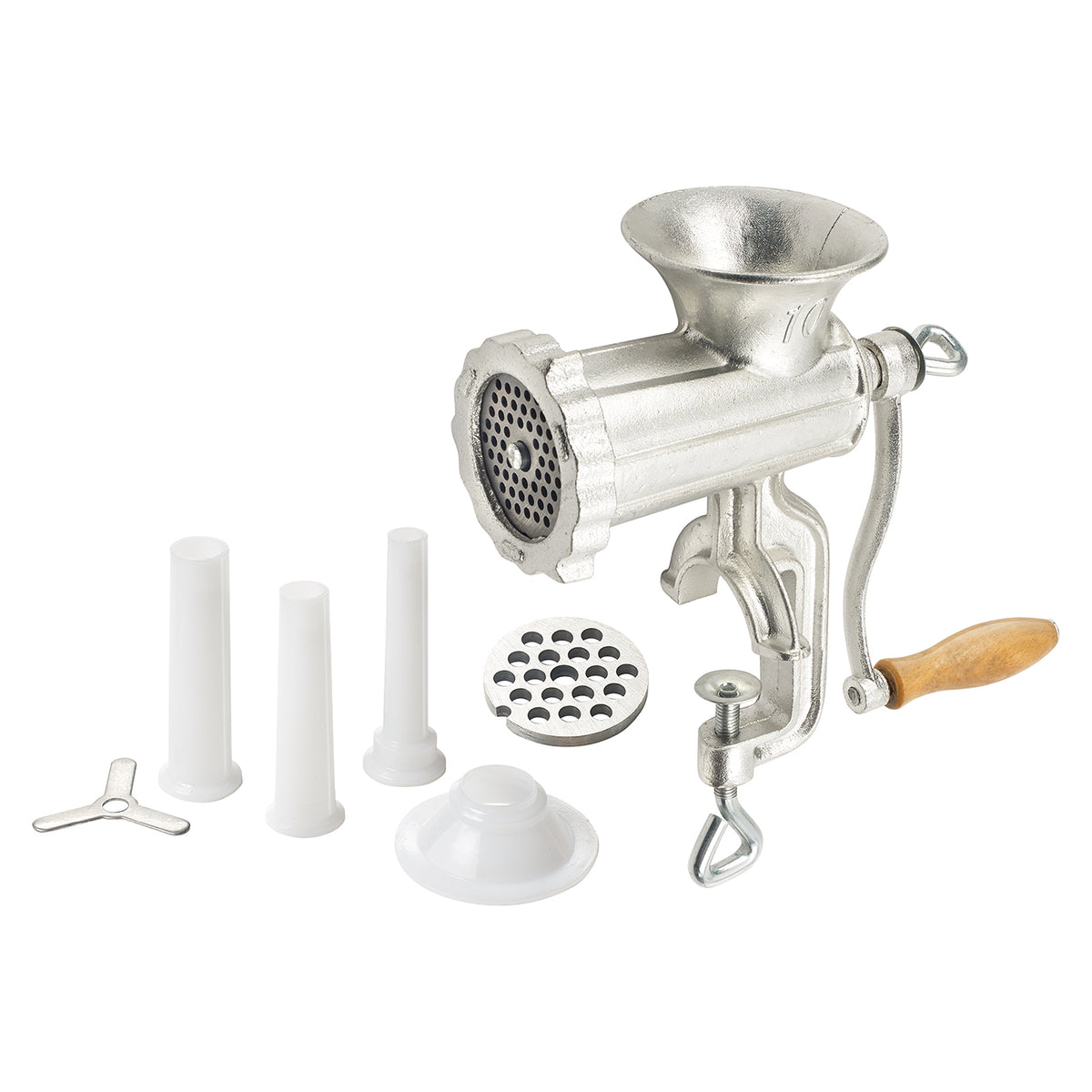 Winco MG-10 Cast Iron Manual Meat Grinder, #10 Hub, 3 Stuffing Tubes, 2 Grinding Plates, 3"x4" Hopper, Nylon Bearing