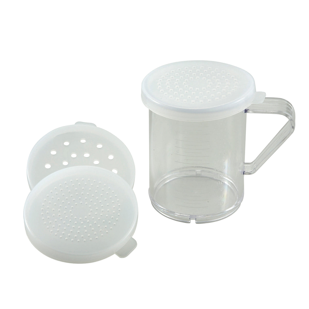 Winco PDG-10 Clear 10 oz. Polycarbonate Dredge with 3 Snap-On Lids (small, medium, & large) | plastic