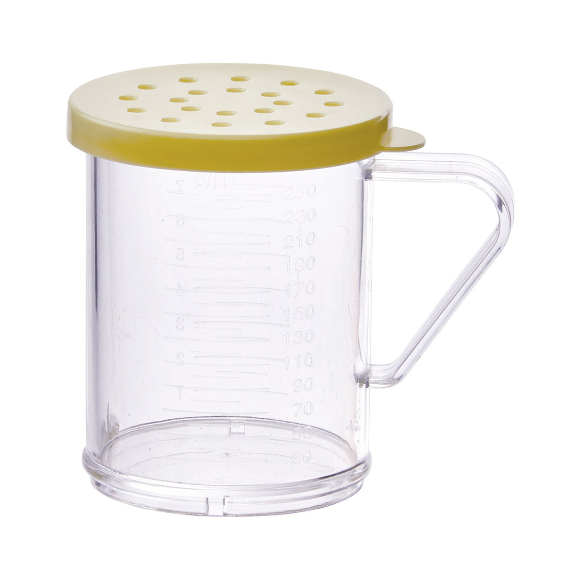 Winco PDG-10Y 10 Oz. Clear Polycarbonate Dredge with Snap-On Yellow Lid | 10 - 11 oz